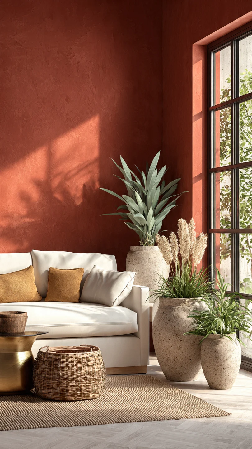 Terracotta and sage modern living room with warm white sofa, plants, and natural daylight.
