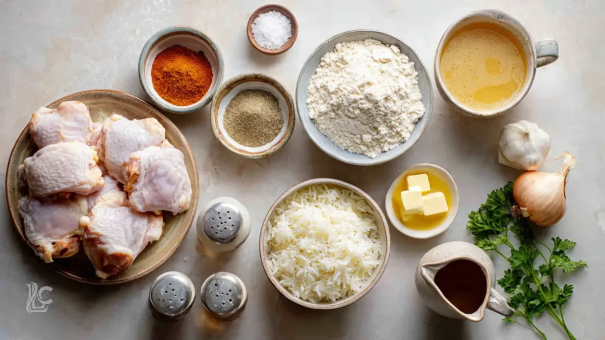 Raw chicken thighs, spices, flour, rice, butter, garlic, onion, parsley, chicken broth, and sauce arranged neatly on a light surface, evoking culinary preparation.