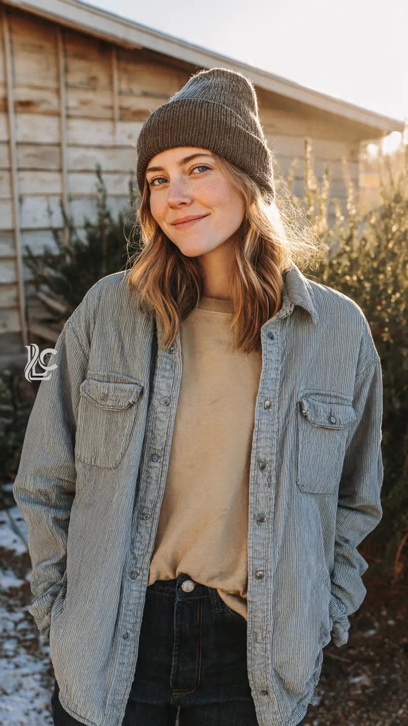 Casual winter outfit featuring a woman in a light-wash denim shirt layered over a neutral base with a corduroy jacket, dark jeans, and beanie — relaxed layered denim style.