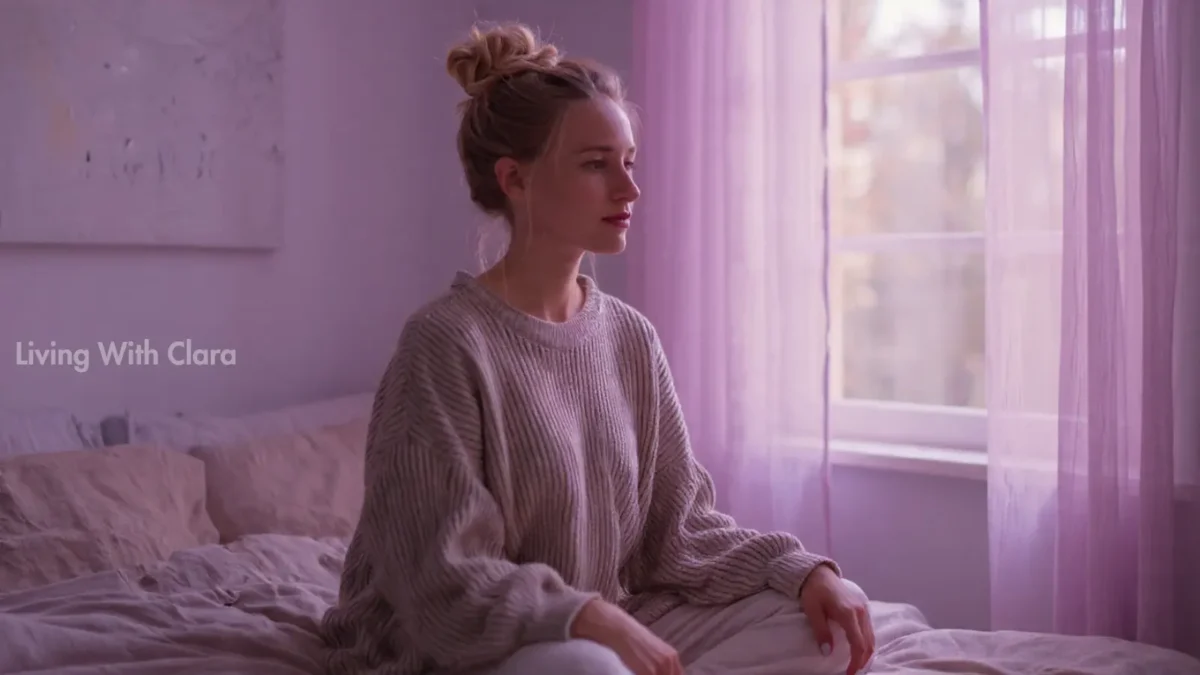 A woman sits on a bed in a softly lit, purple-hued room, exuding a calm and reflective mood. She wears a cozy sweater, and light filters through sheer curtains.