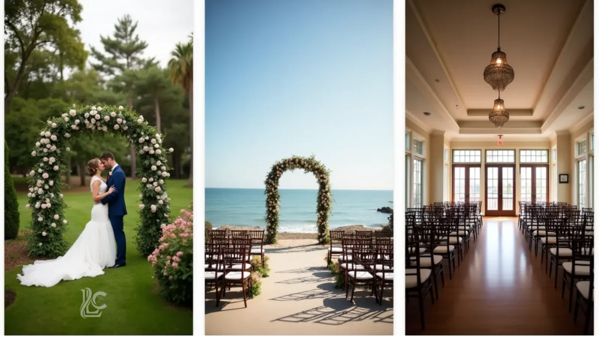 A collage of three wedding scenes: a couple kisses under a rose arch in a garden, an oceanfront arch with chairs, and an elegant indoor venue with chandeliers.